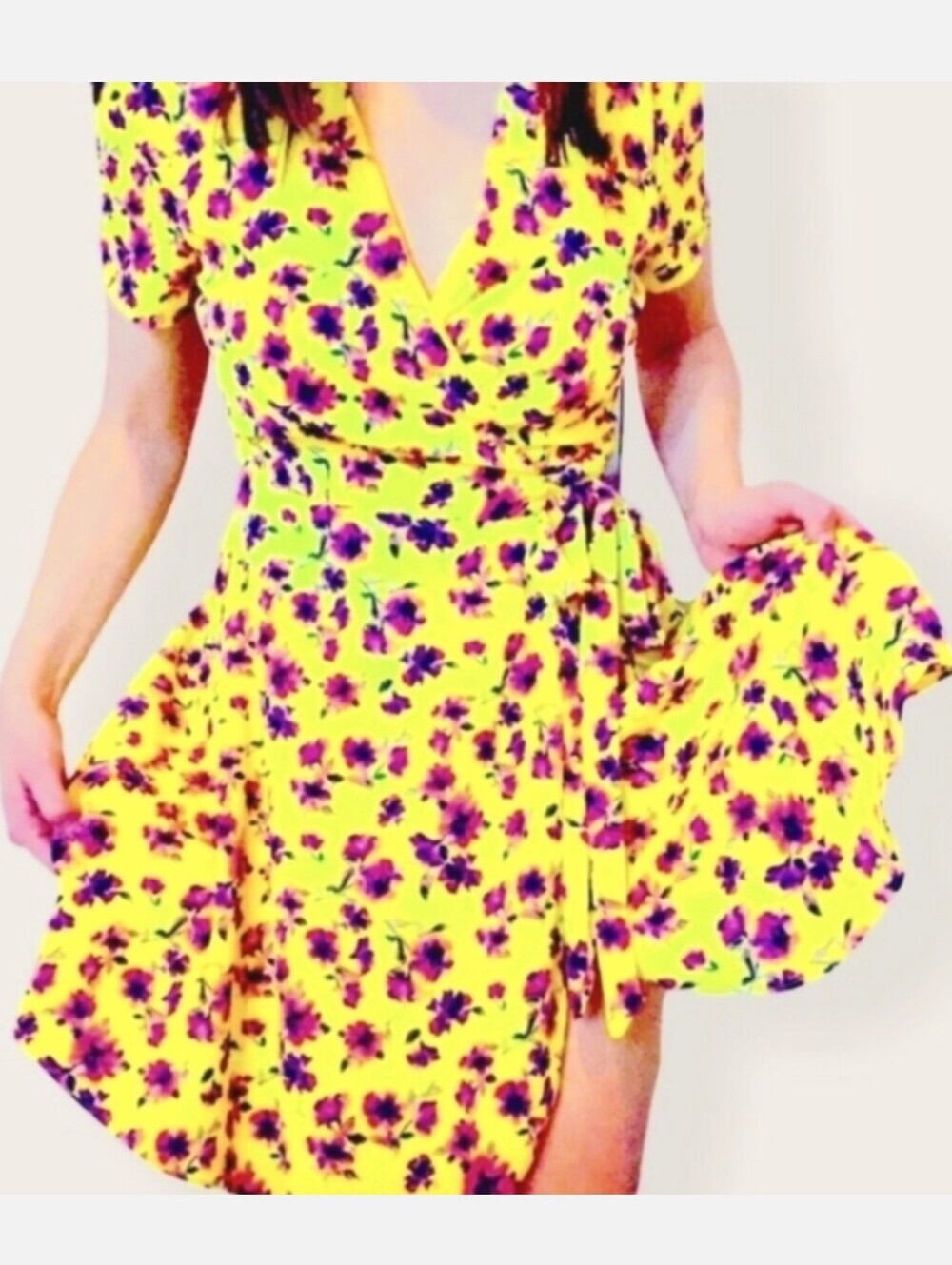 Gianni Bini GB Pop Art Neon Yellow Wrap Dress, Pink Floral Print